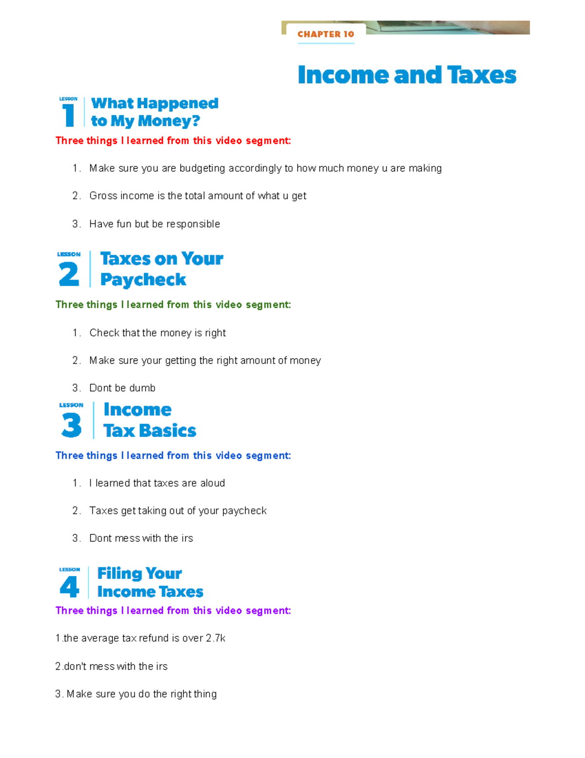Ch 10: Income &amp; Taxes Insights - Key Learnings from Video, 2023 - Studocu