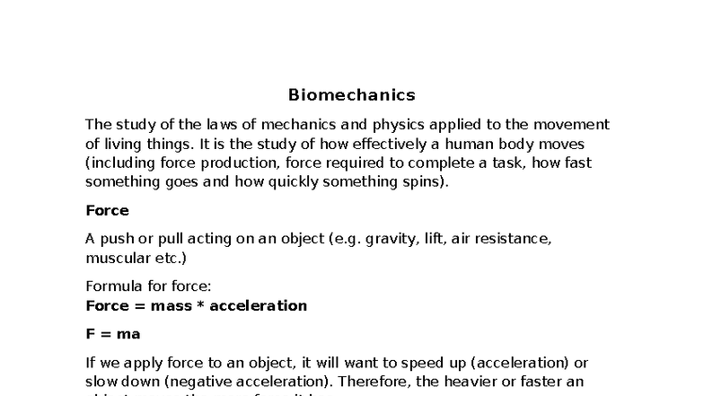 Biomechanics Notes: Understanding Force, Momentum, and Motion - Studocu