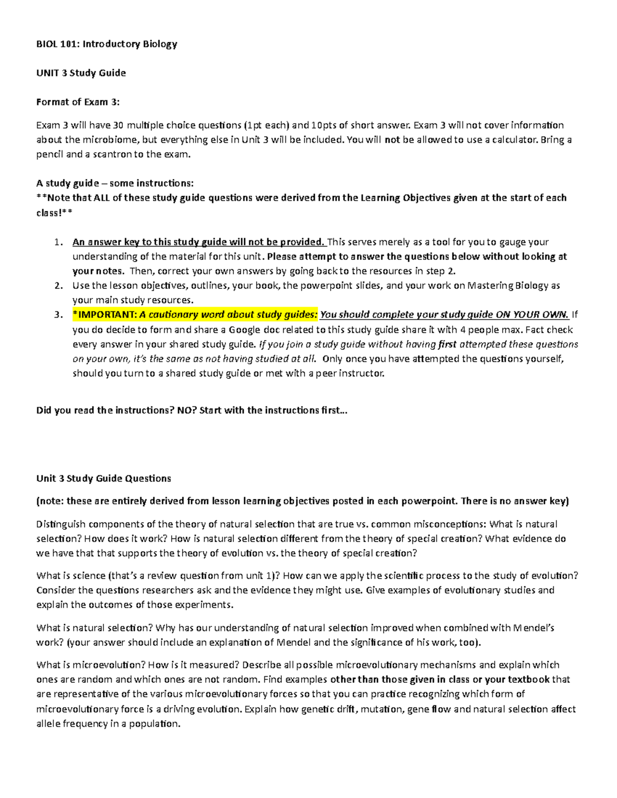 BIOL 101: Unit 3 Study Guide for Exam 3 Preparation - Studocu