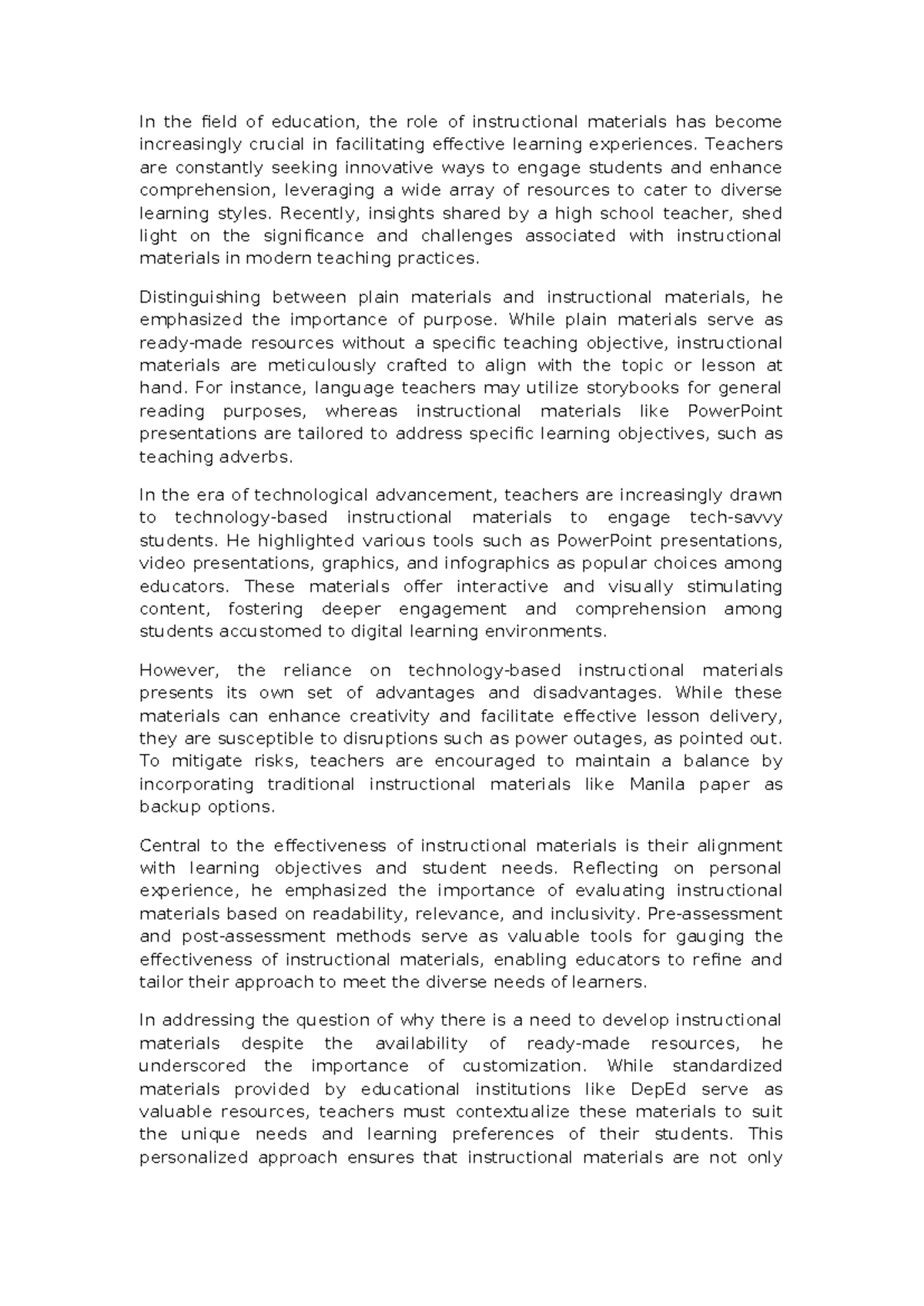 Importance of Instructional Materials in Modern Education - Studocu