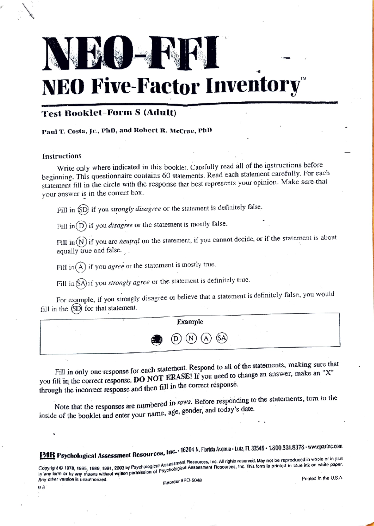 NEO-FFI Personality Inventory Test Booklet for Adults - Studocu