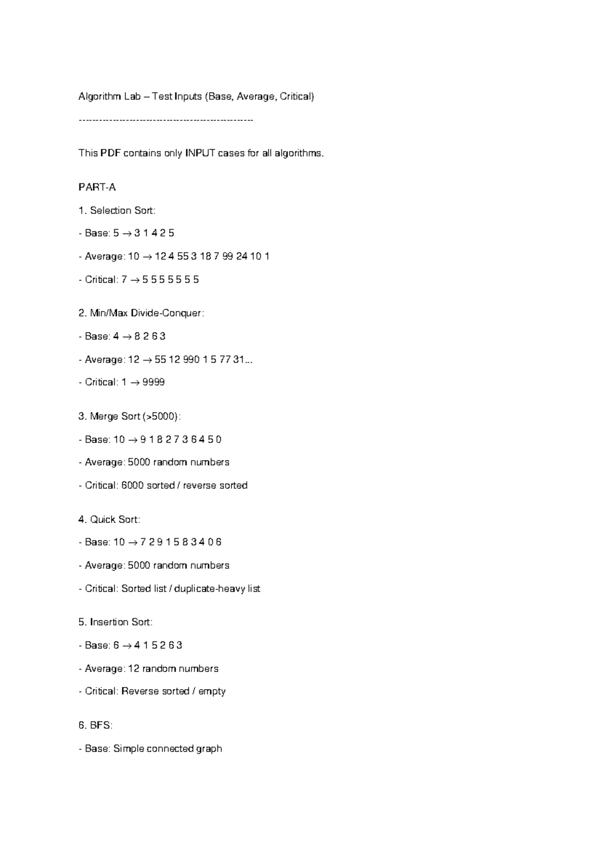 Algorithm Lab Test Inputs (Base, Avg, Critical) - Studocu