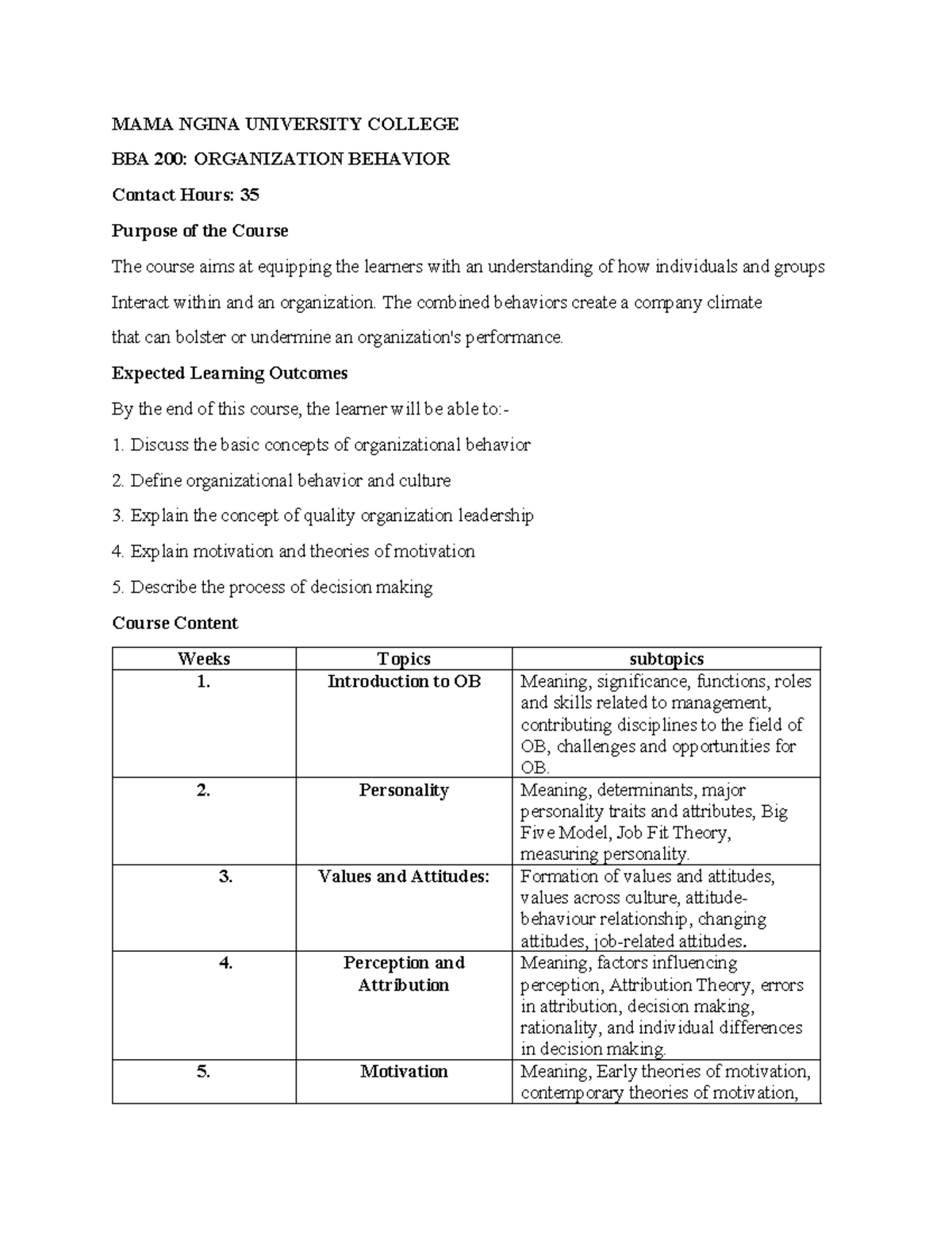 BBA 200: Organizational Behavior Course Overview and Content - Studocu