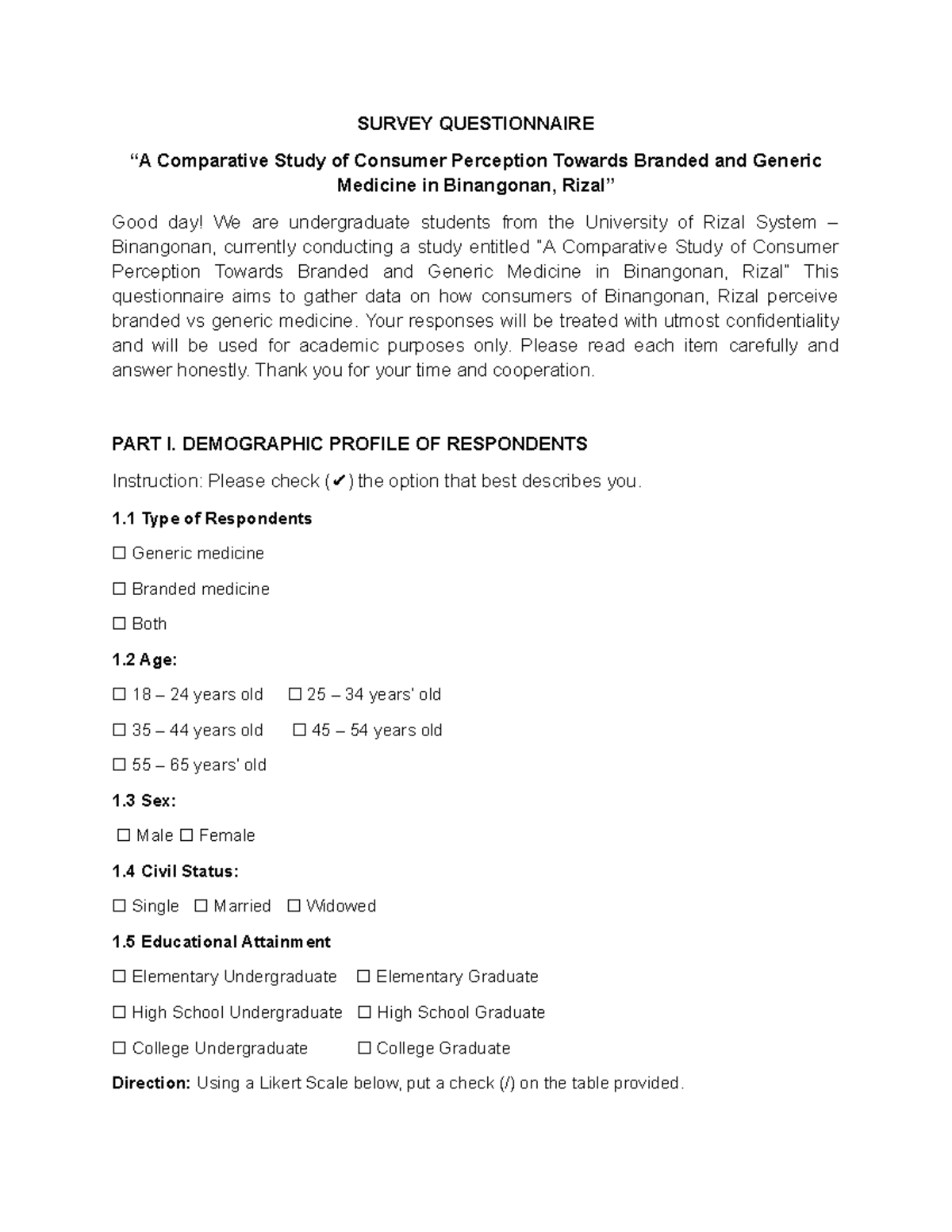 SURVEY QUESTIONNAIRE: Consumer Perception of Branded vs Generic ...