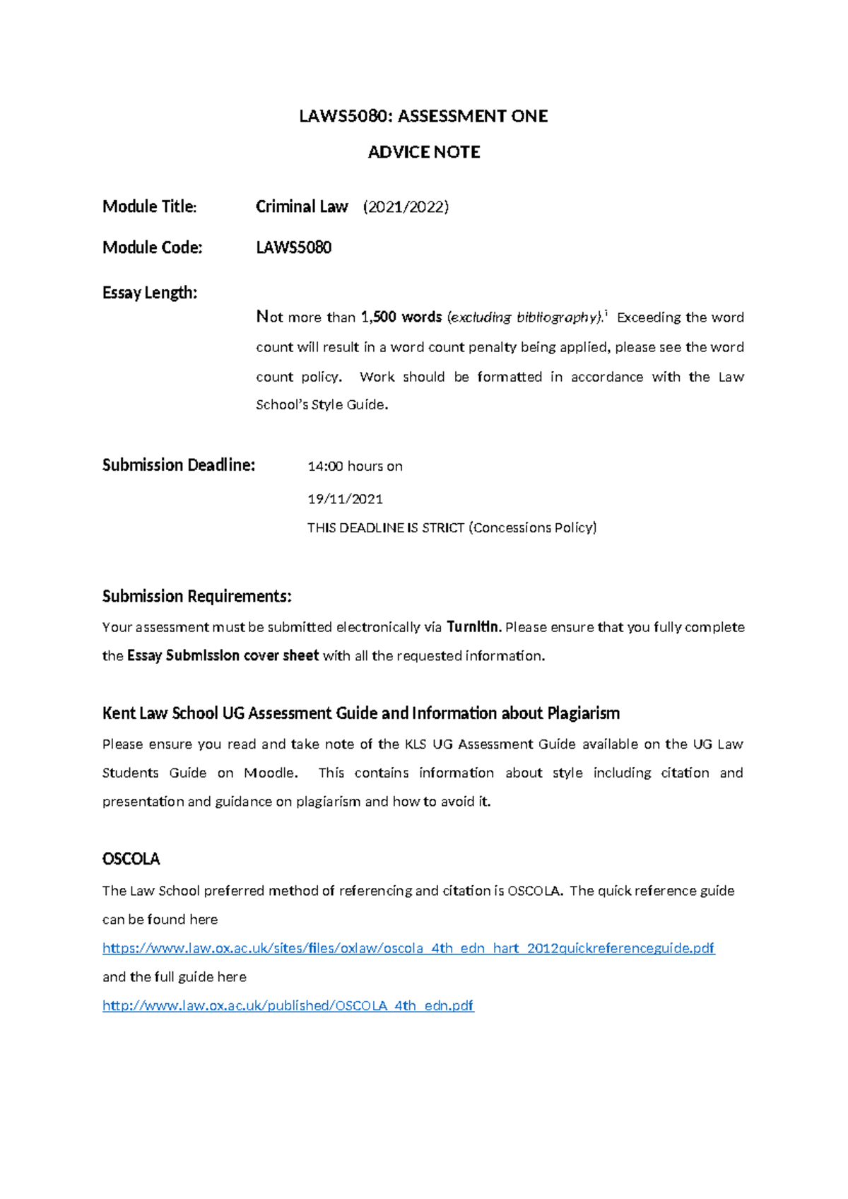 LAWS5080 Advice Note for Criminal Law Assessment 1 (2021/2022) - Studocu