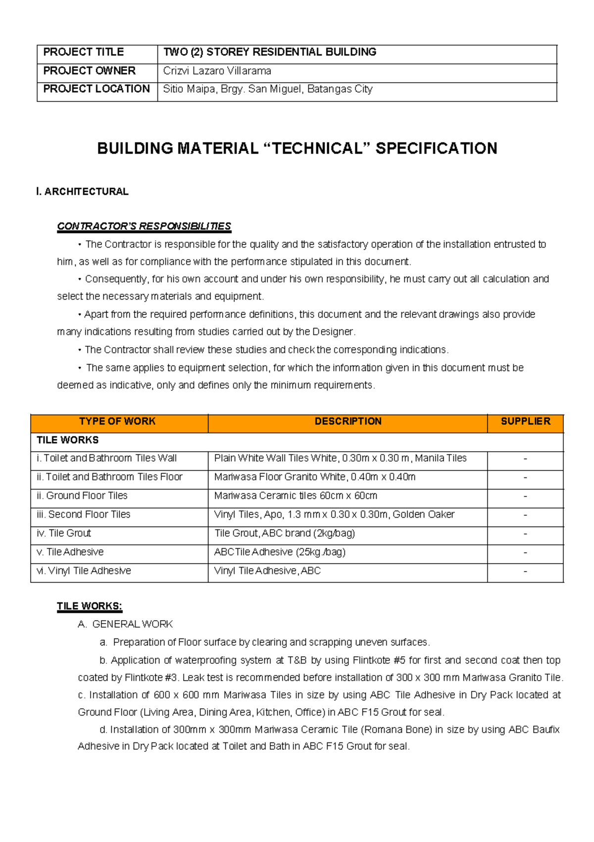 Villarama Building Material Specification for 2-Storey Residential ...