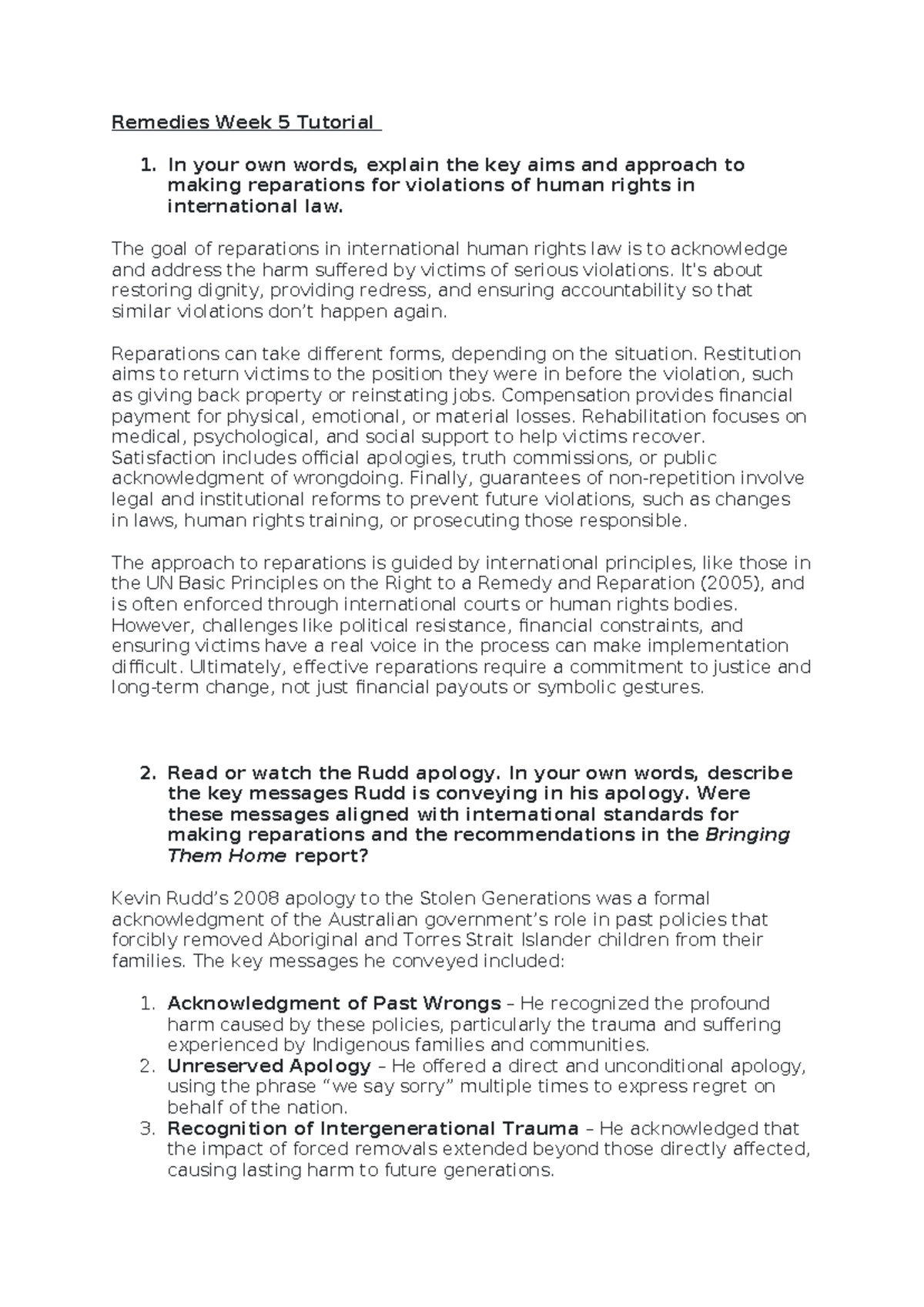 Remedies Week 6 Tutorial: Key Insights on Human Rights Reparations ...