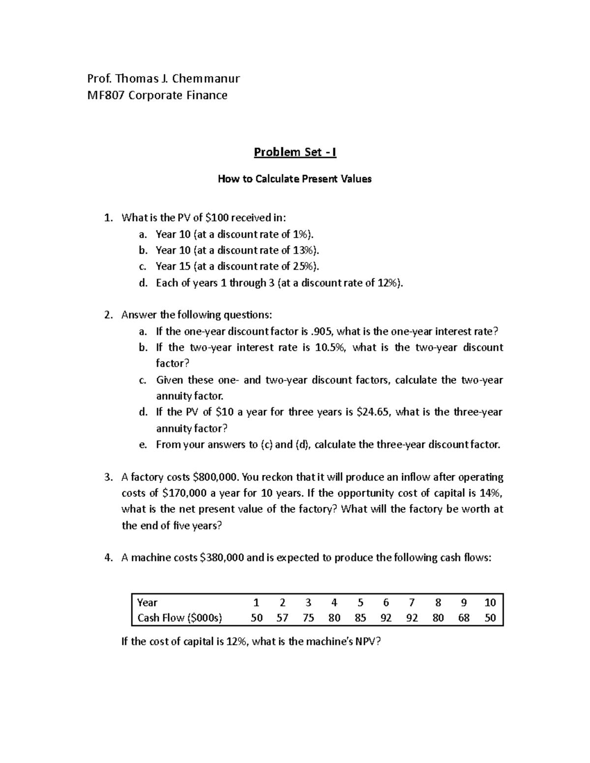 MF807 Corporate Finance Problem Set I: Present Value Calculations - Studocu