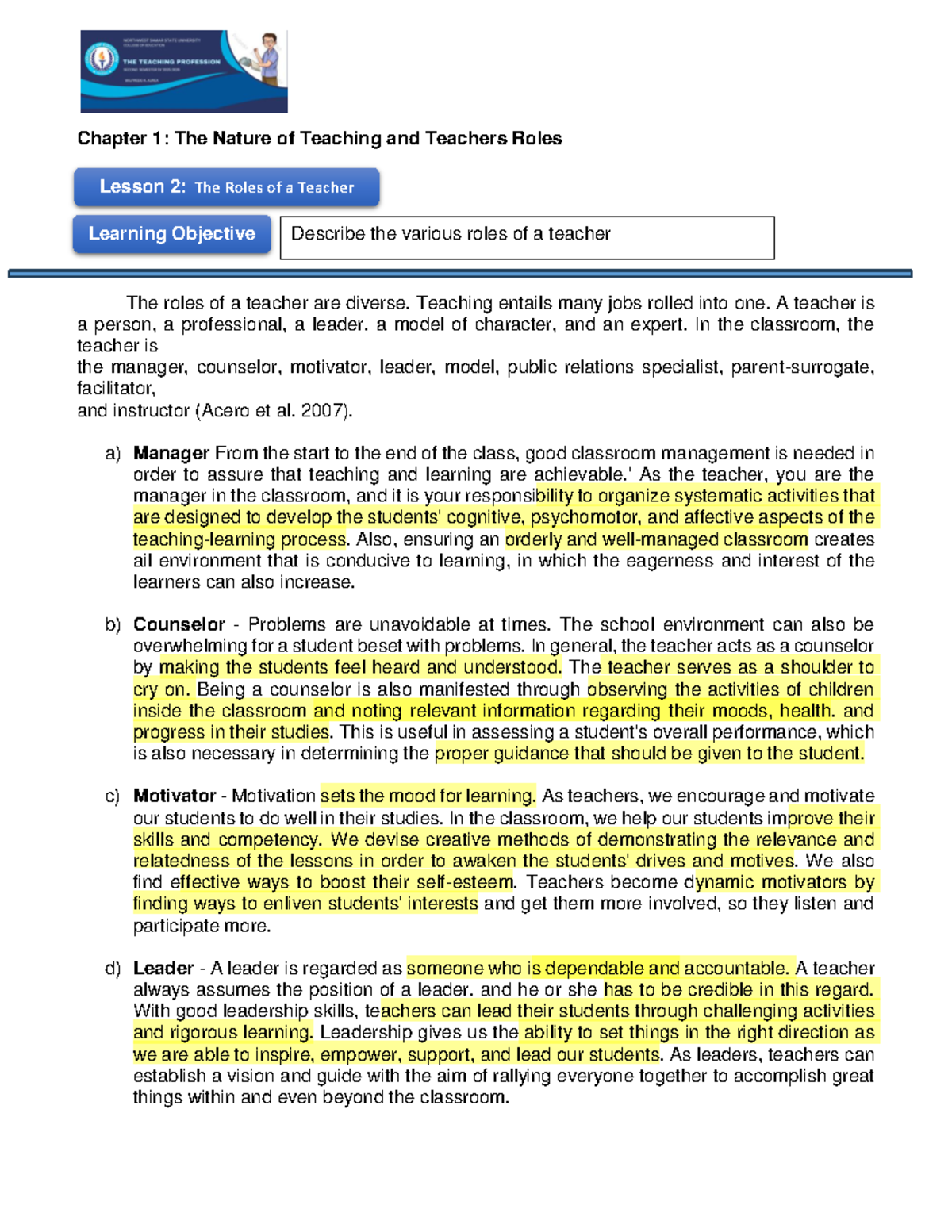 Chapter 1: The Diverse Roles of Teachers - Lesson 2 (111554) - Studocu