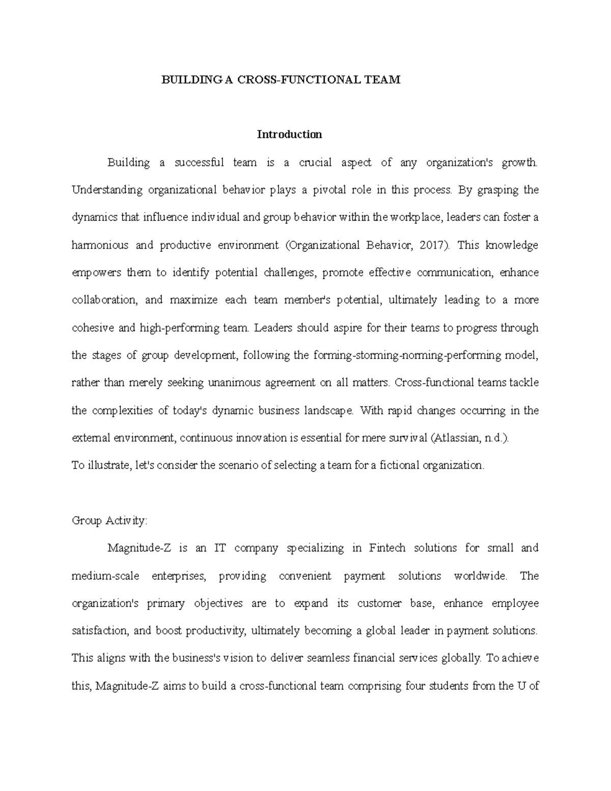 BUS 4402 GRP 0001 D Group Submission. - BUILDING A CROSS-FUNCTIONAL ...
