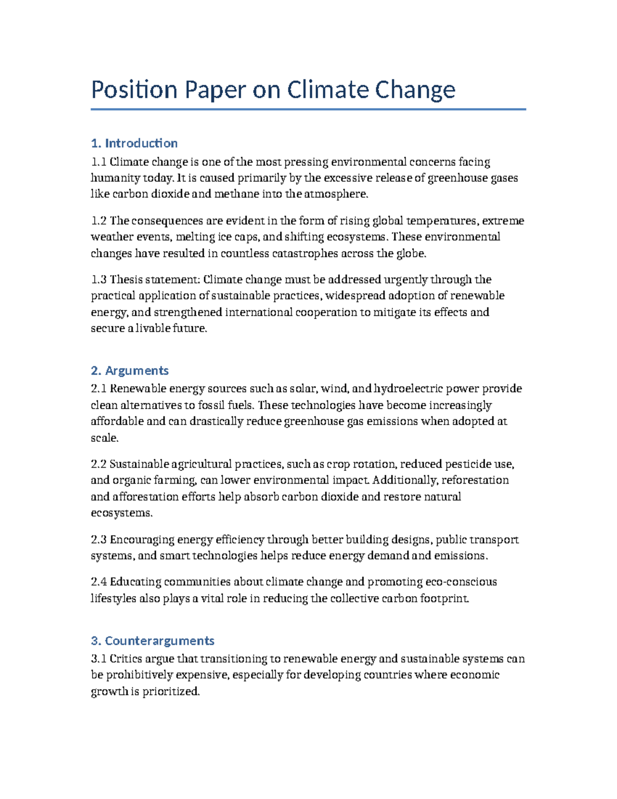 Position Paper on Climate Change: Urgent Action Required - Studocu
