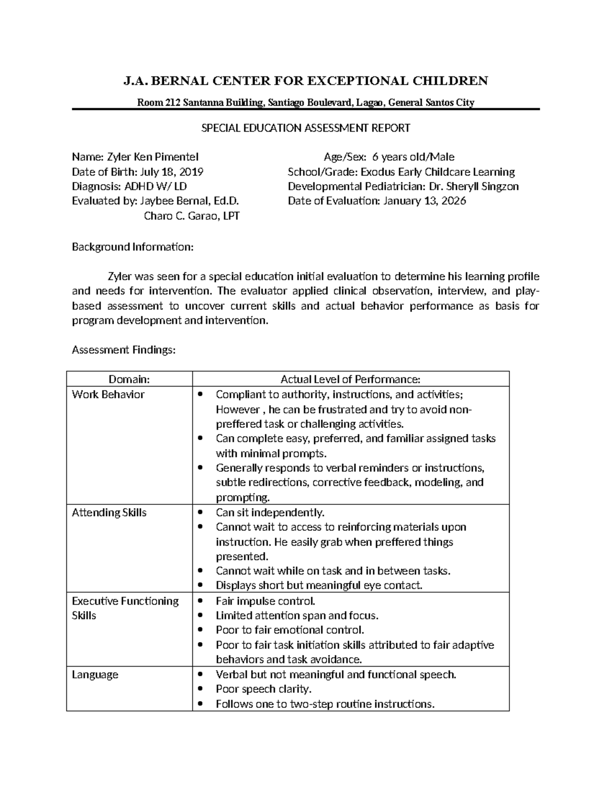 Zyler Ken Pimentel Special Education Assessment Report (ADHD) - Studocu