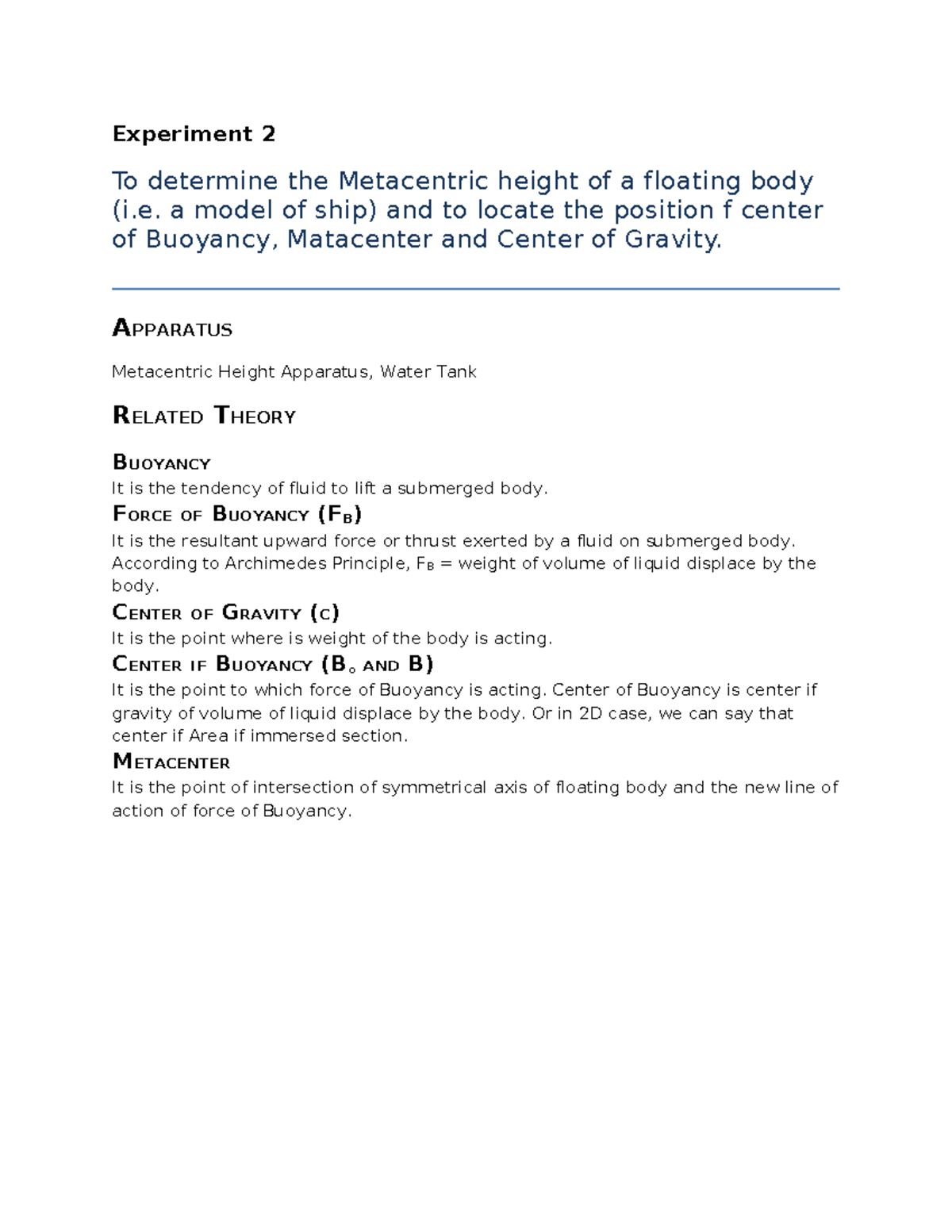 Experiment 2 - Determining Metacentric Height & Buoyancy - Studocu