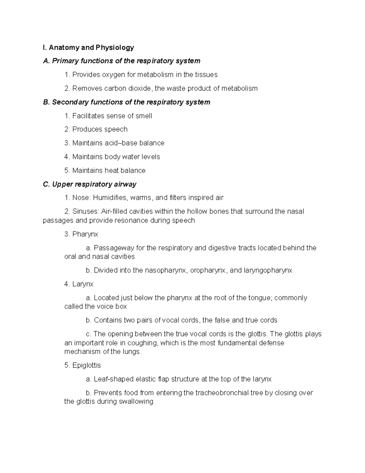 Respiratory System Anatomy & Physiology Review Notes - Studocu