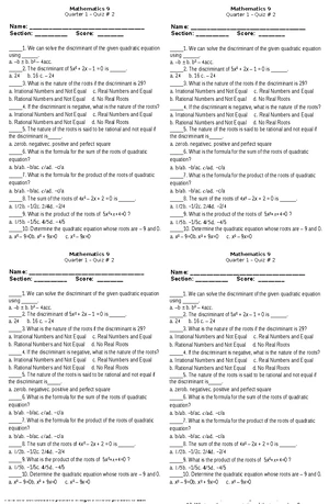 Mathematics 9 Q1 Quiz 1: Understanding Quadratic Equations - Studocu