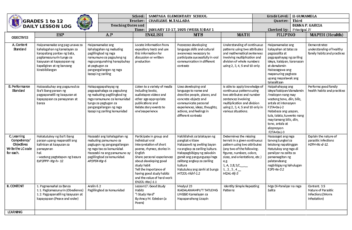 DLL ALL Subjects 2 Q3 W5 D1 - GRADES 1 to 12 DAILY LESSON LOG School ...