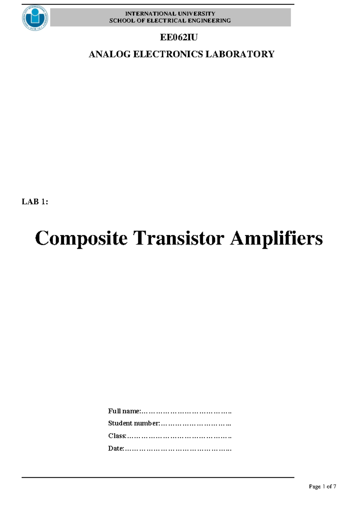 EE062IU Analog Electronics Lab 1: Composite Transistor Amplifiers - Studocu