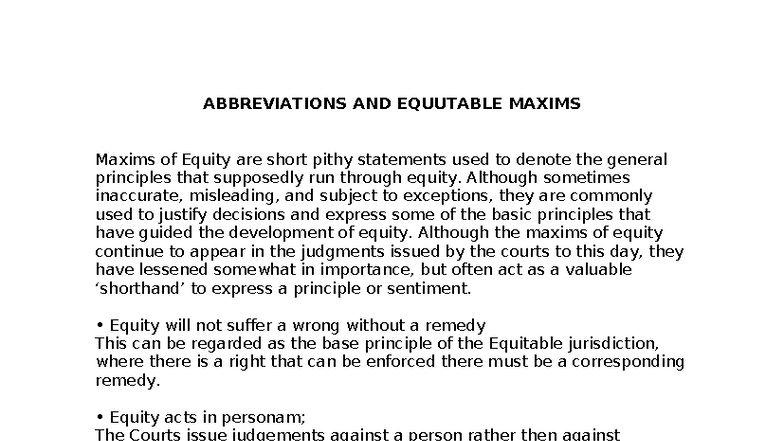 Abbreviations and Maxims of Equity: Key Principles Explained - Studocu