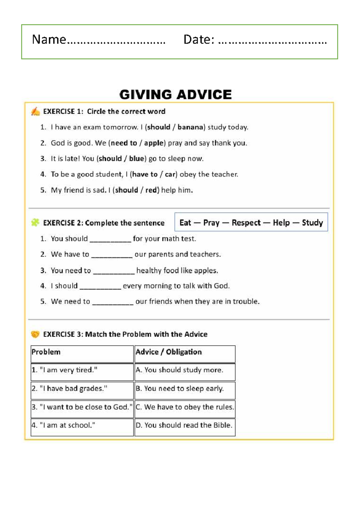 Giving Advice Exercise: Circle the Correct Word - Studocu