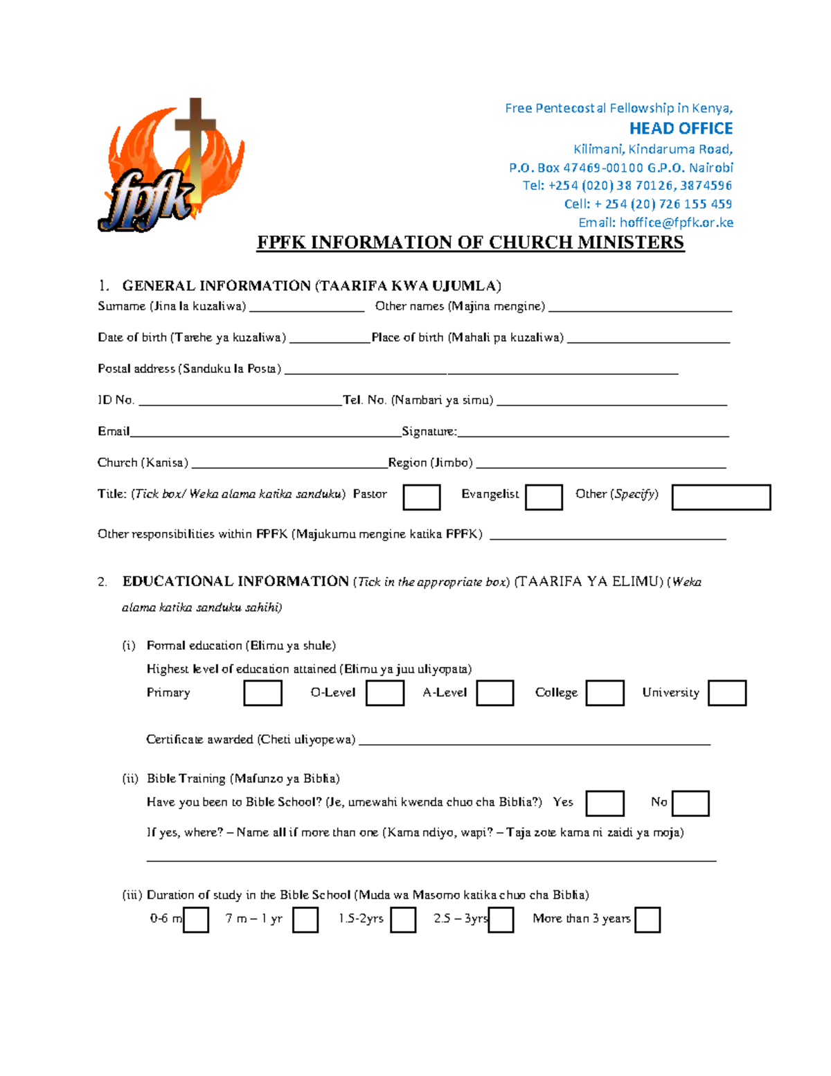 Pastor's information form -Ordination - Free Pentecostal Fellowship in ...