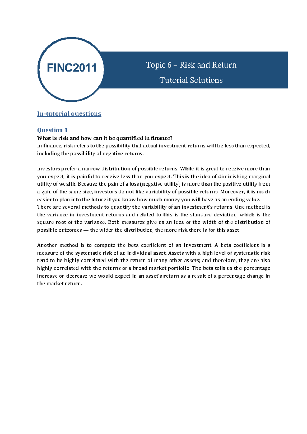 Tut Wk 7 - Solutions for Risk and Return Analysis in Finance - Studocu