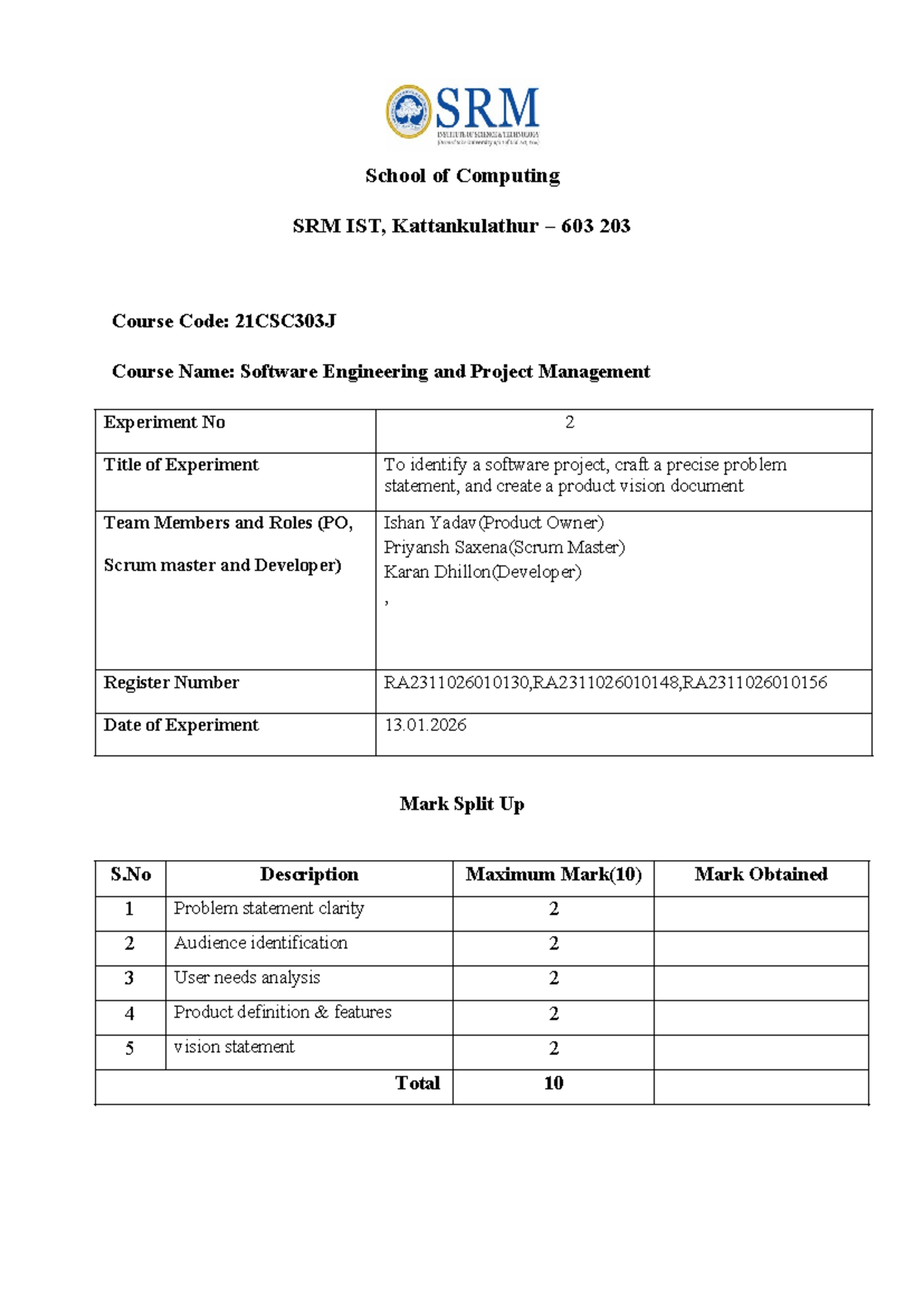 21CSC303J Software Engineering Lab: SMARTDINE Project Vision Document ...