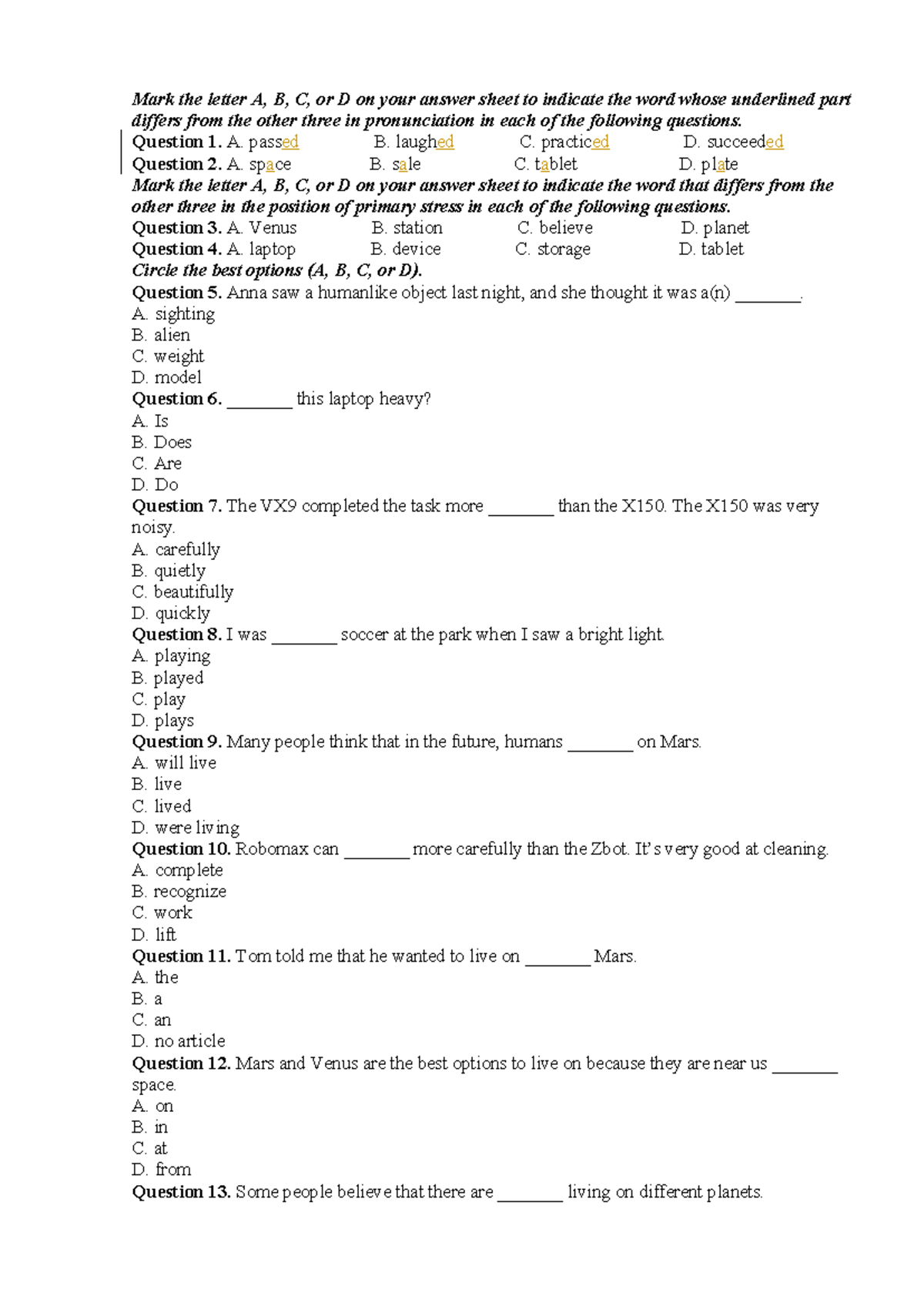 grammar grade 6 - Mark the letter A, B, C, or D on your answer sheet to ...
