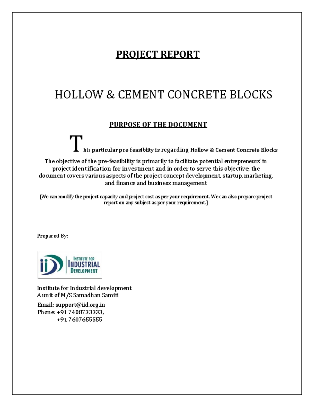 PROJECT REPORT ON HOLLOW CEMENT CONCRETE BLOCKS (IND-101) - Studocu