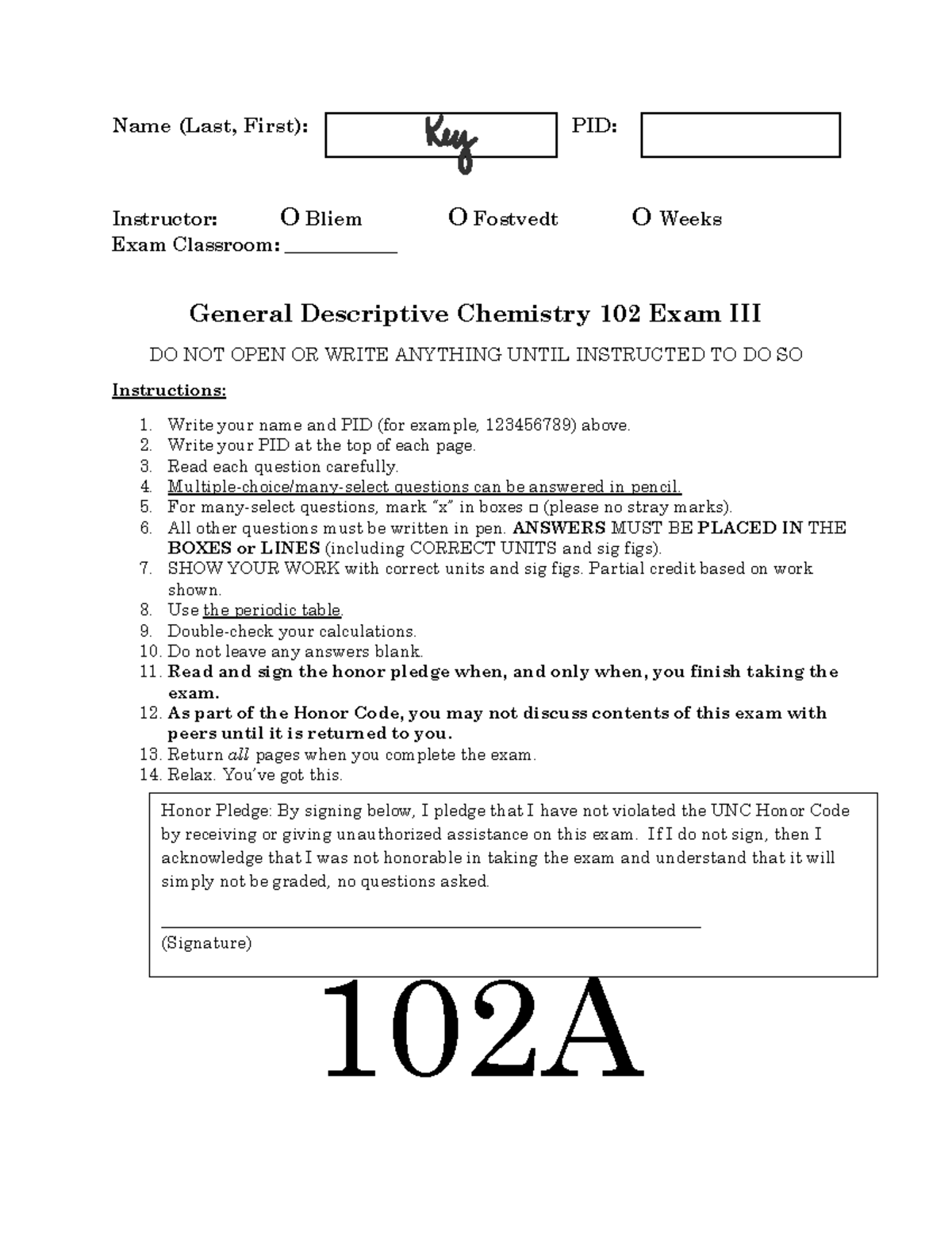 SP24 CHEM 102 Exam 3 Instructions and Key Details - Studocu