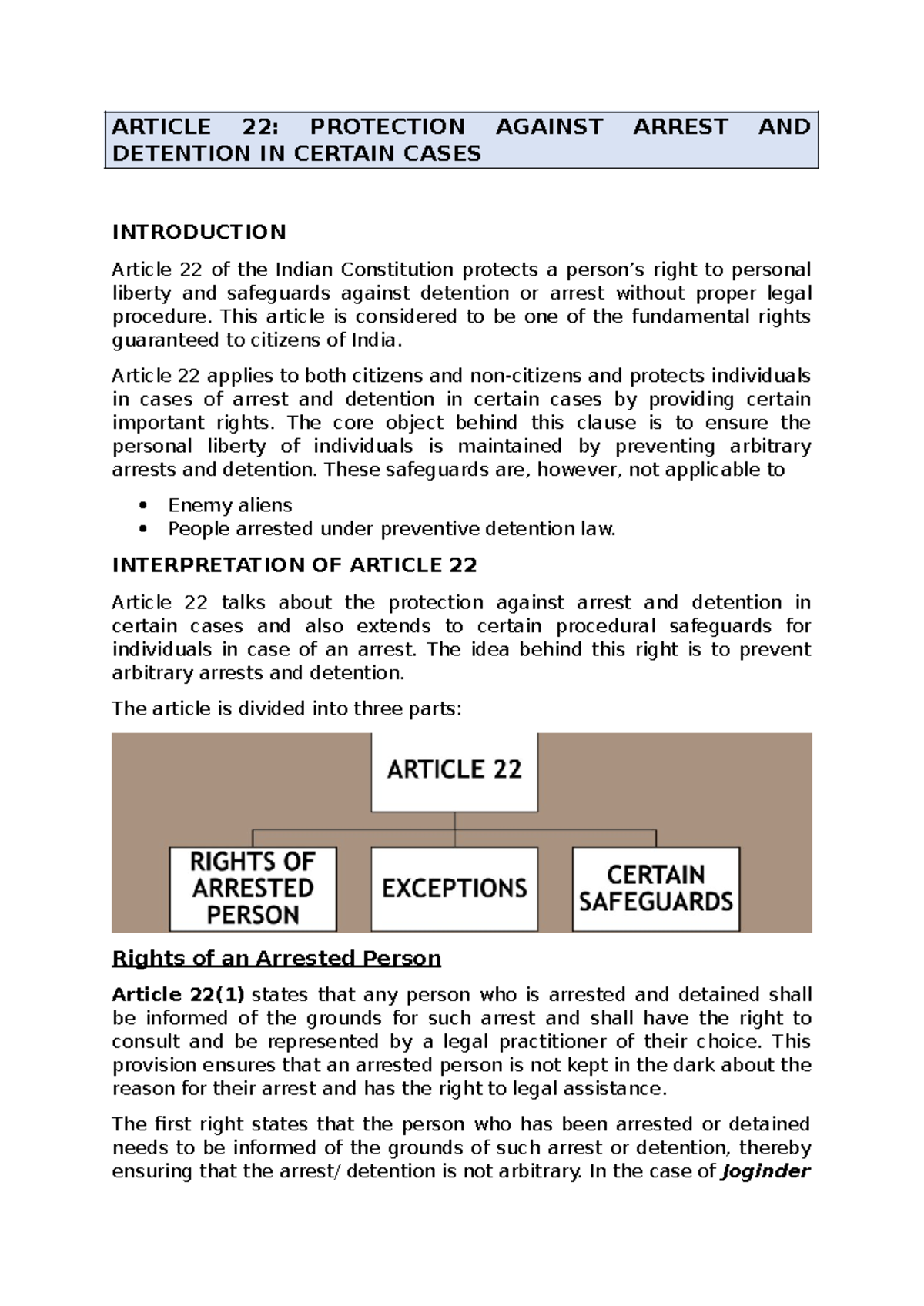 Article 22: Notes on Protection Against Arrest & Detention Rights - Studocu