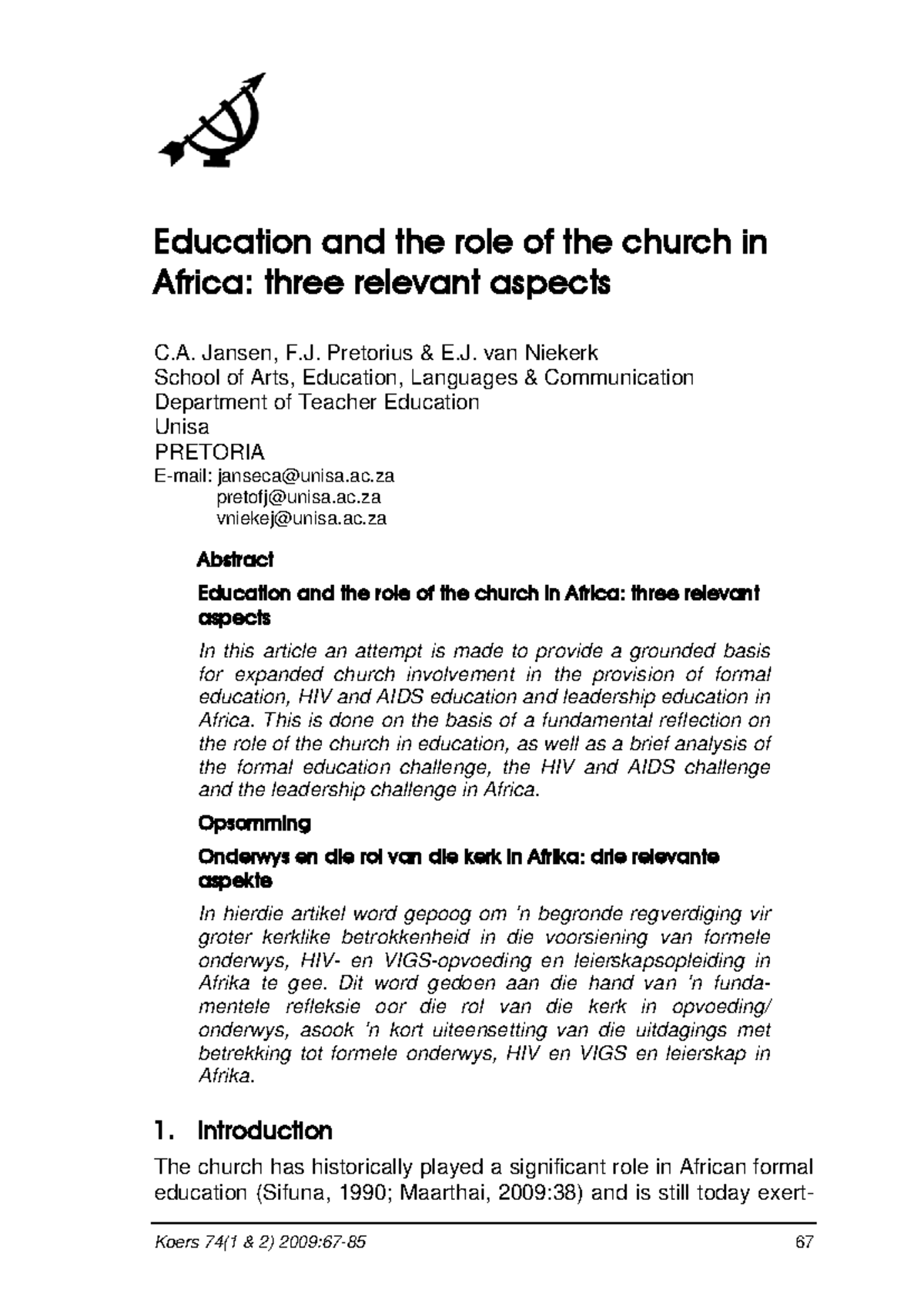 Education and the Church's Role in Addressing Africa's Challenges: A ...