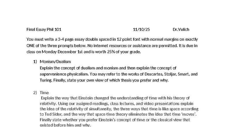 Final Essay Prompts for Phil 101 - Dr. Vulich (Fall 2025) - Studocu