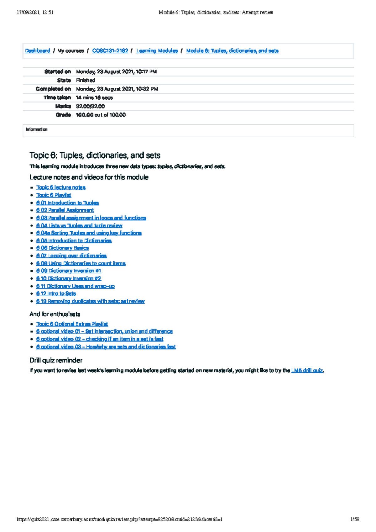 COSC131-21S Module 6: Tuples, Dictionaries & Sets Review - Studocu