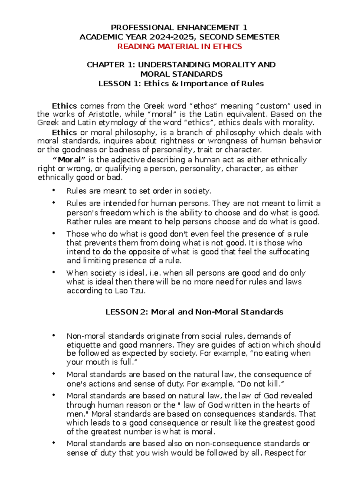 Ethics - REVIEW MATERIAL - PROFESSIONAL ENHANCEMENT 1 ACADEMIC YEAR ...