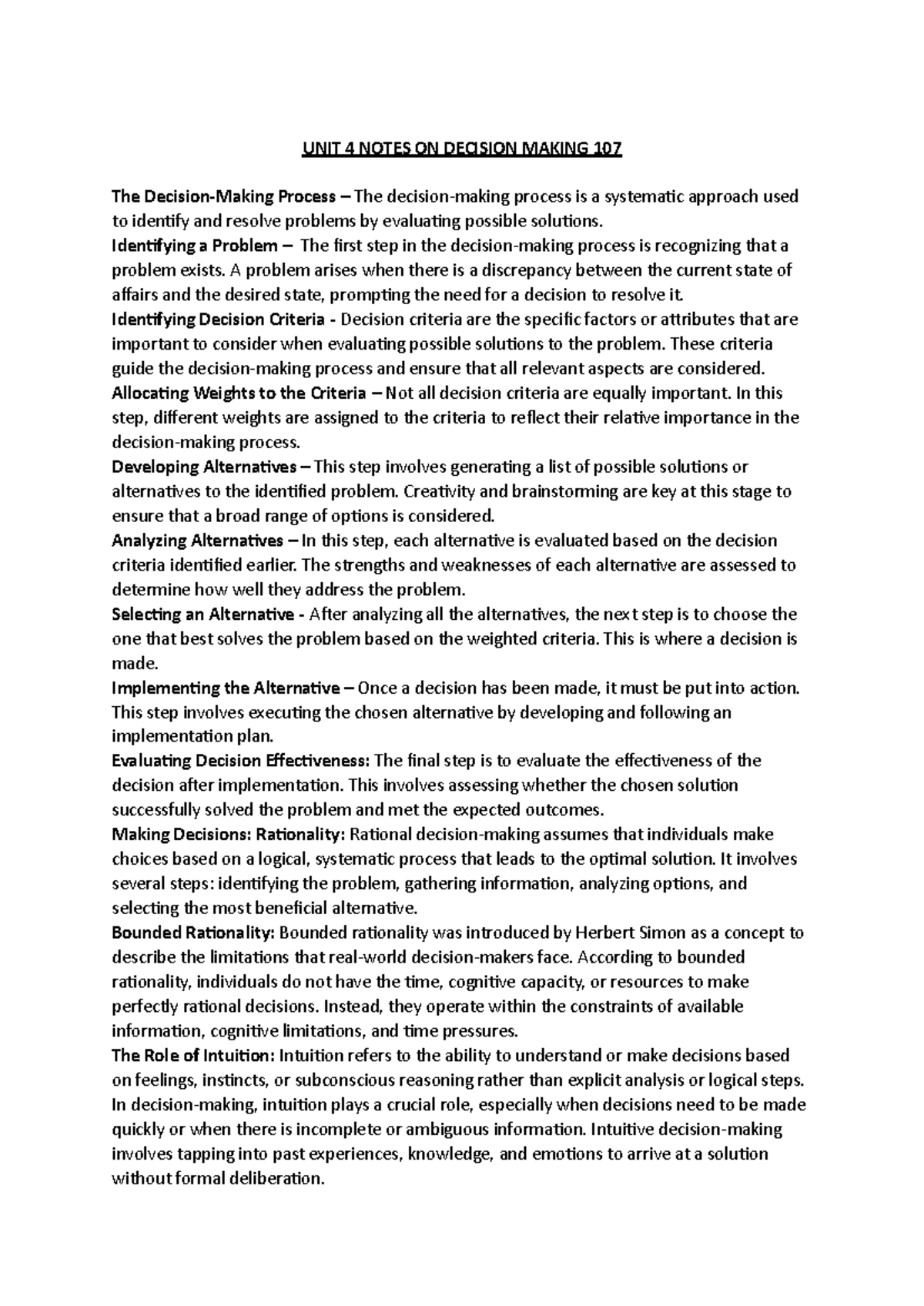 UNIT 4 NOTES ON DECISION MAKING (MGMT 107) - Studocu