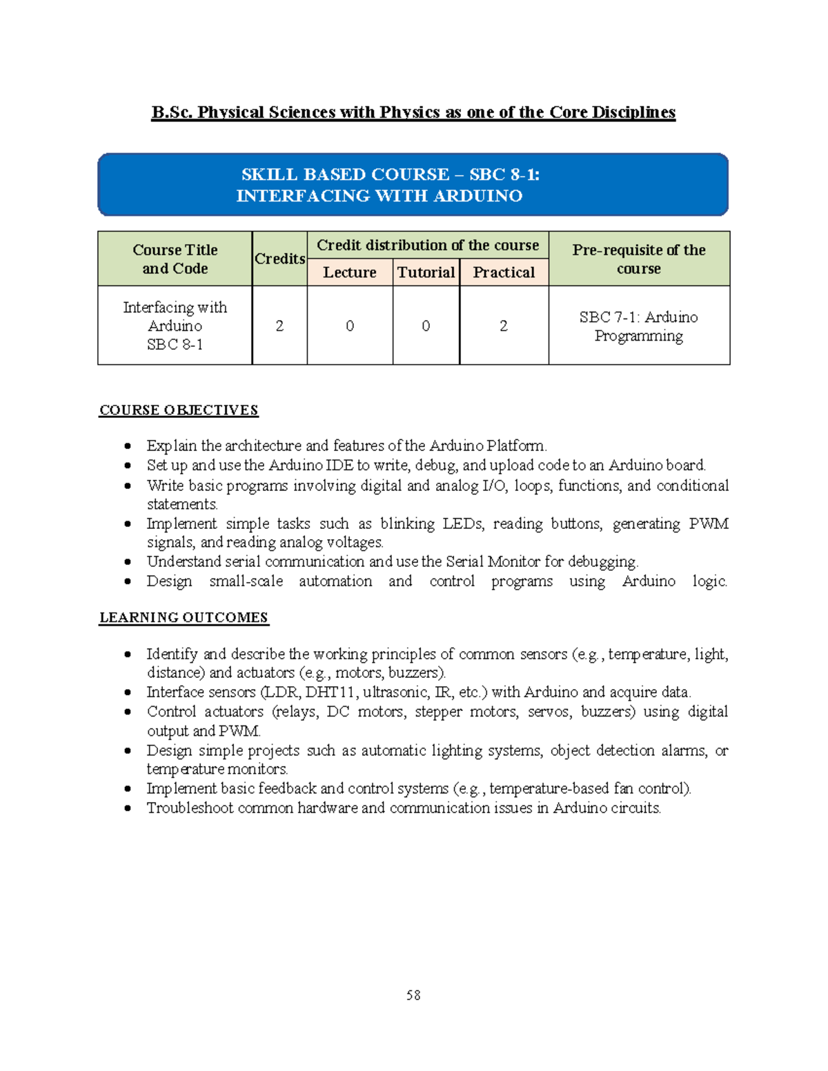 B.Sc. Physical Sciences: SBC 4 Interfacing with Arduino Syllabus - Studocu