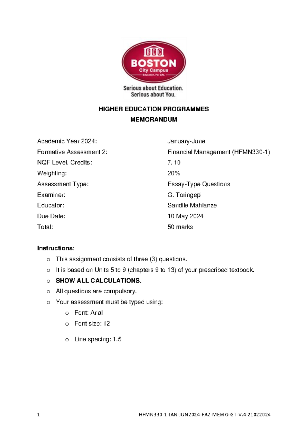 HFMN330 1 JAN JUN2024 FA2 MEMO GT V - HIGHER EDUCATION PROGRAMMES ...