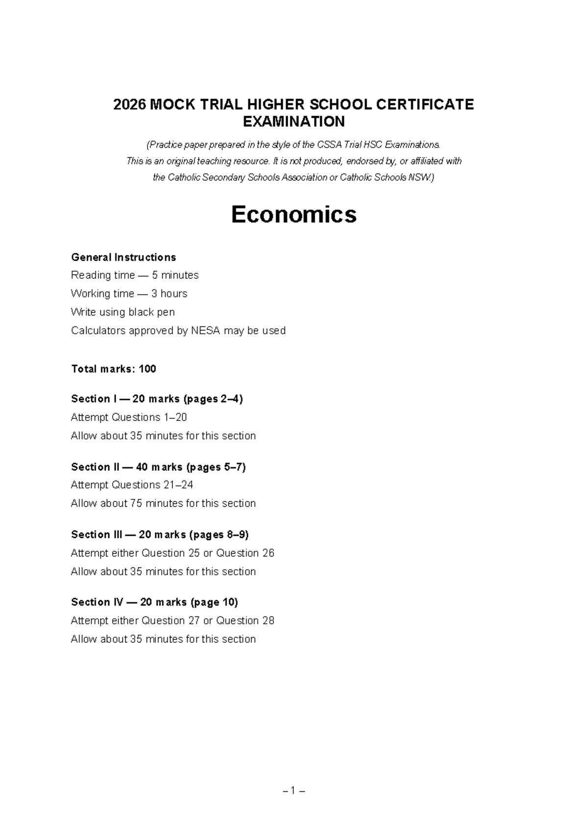 2026 Mock Trial HSC Economics Examination Practice Paper - Studocu