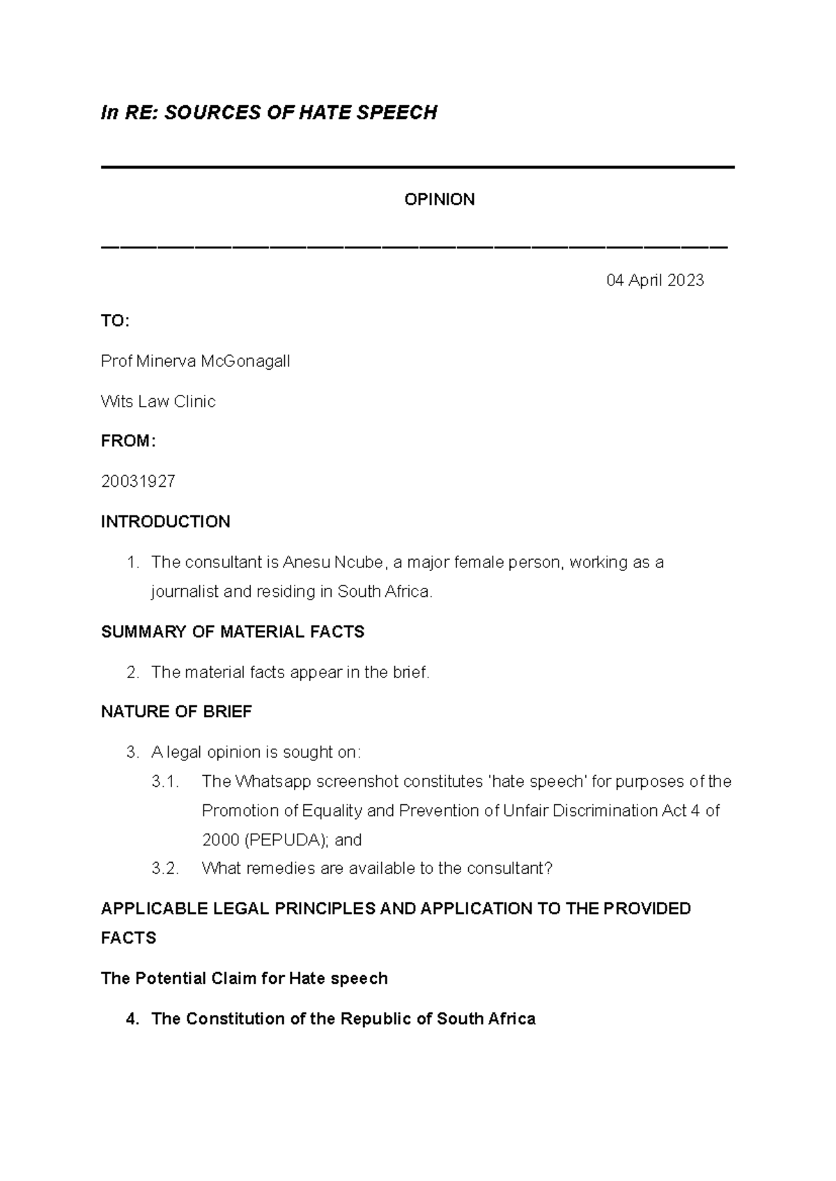 Hate Speech Legal Memo: Analysis Under PEPUDA Act 4 of 2000 - Studocu