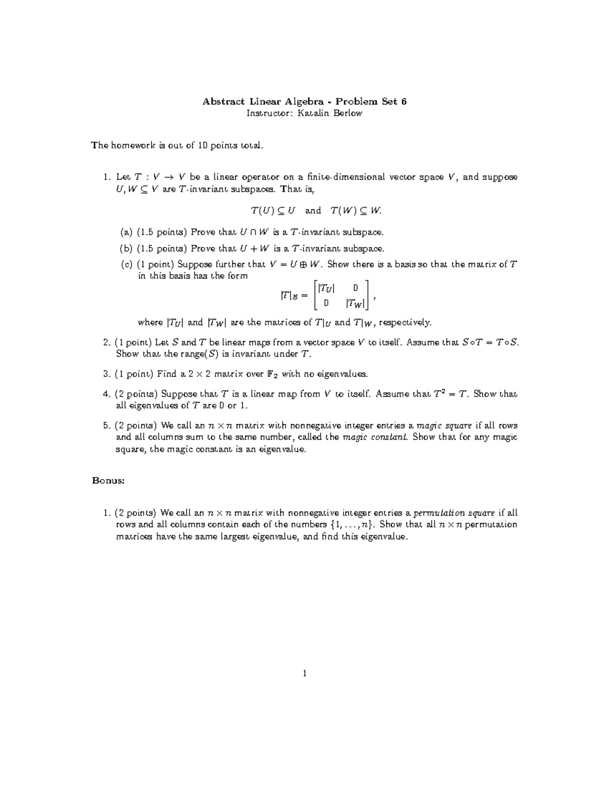 Math 461: Abstract Linear Algebra Problem Set 6 Solutions - Studocu