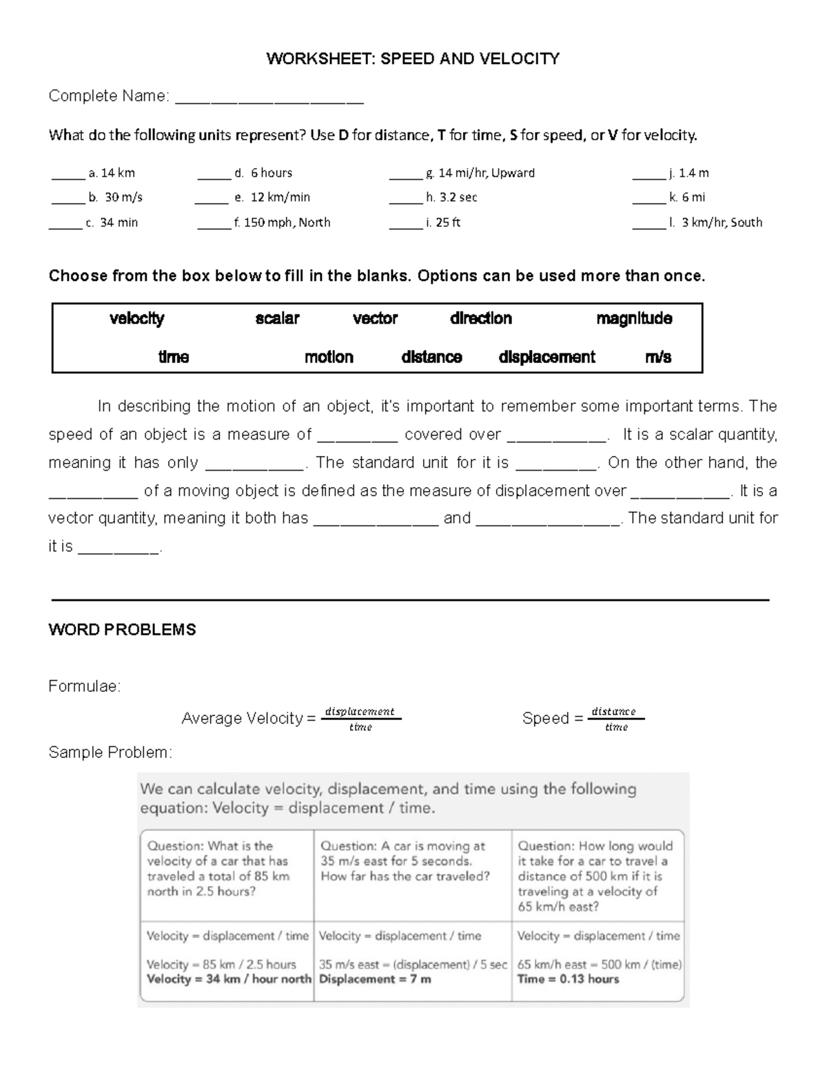 Homework Worksheet on Speed & Velocity Concepts - Studocu