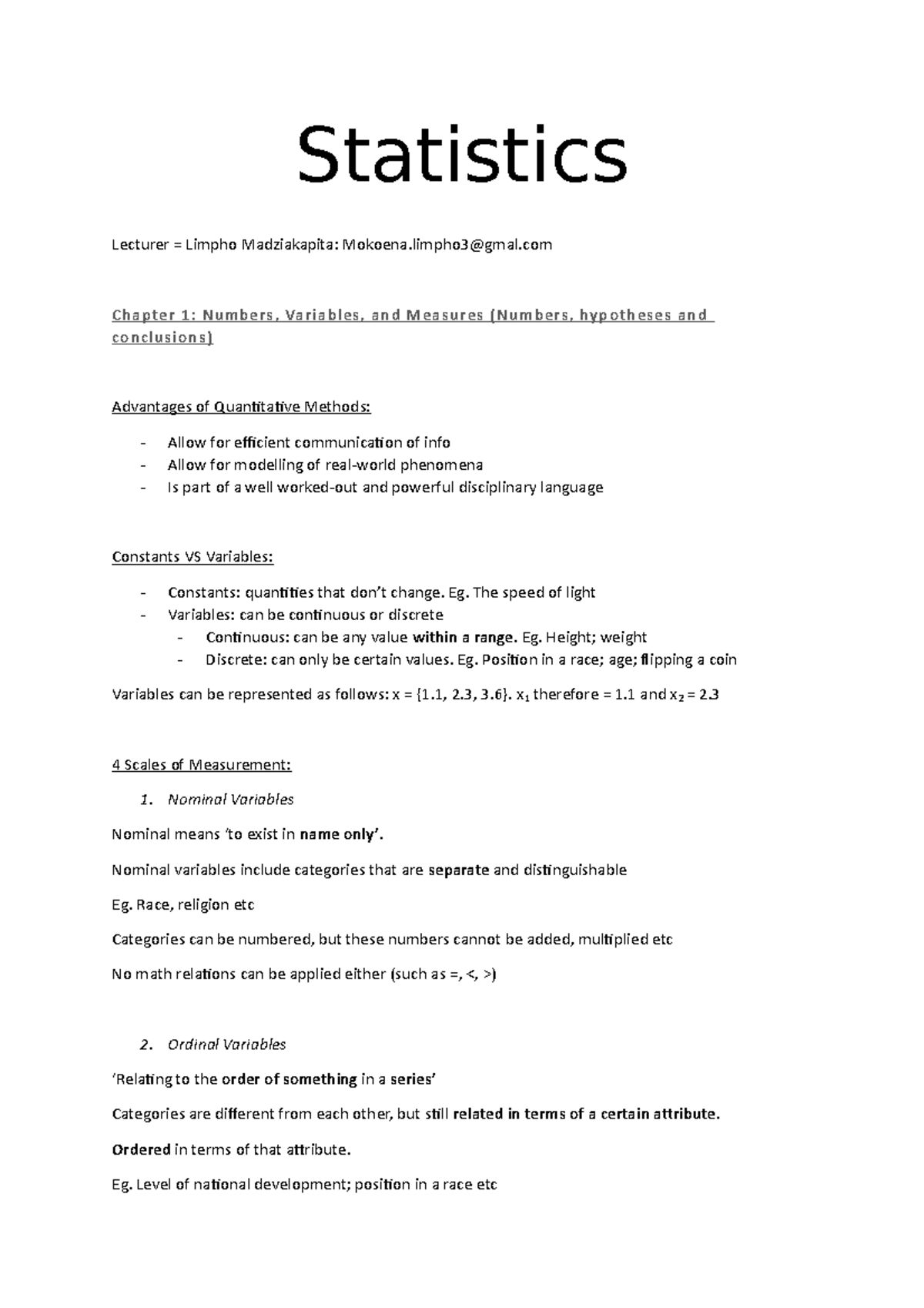 Statistics Notes - Statistics Lecturer = Limpho Madziakapita: Mokoena ...