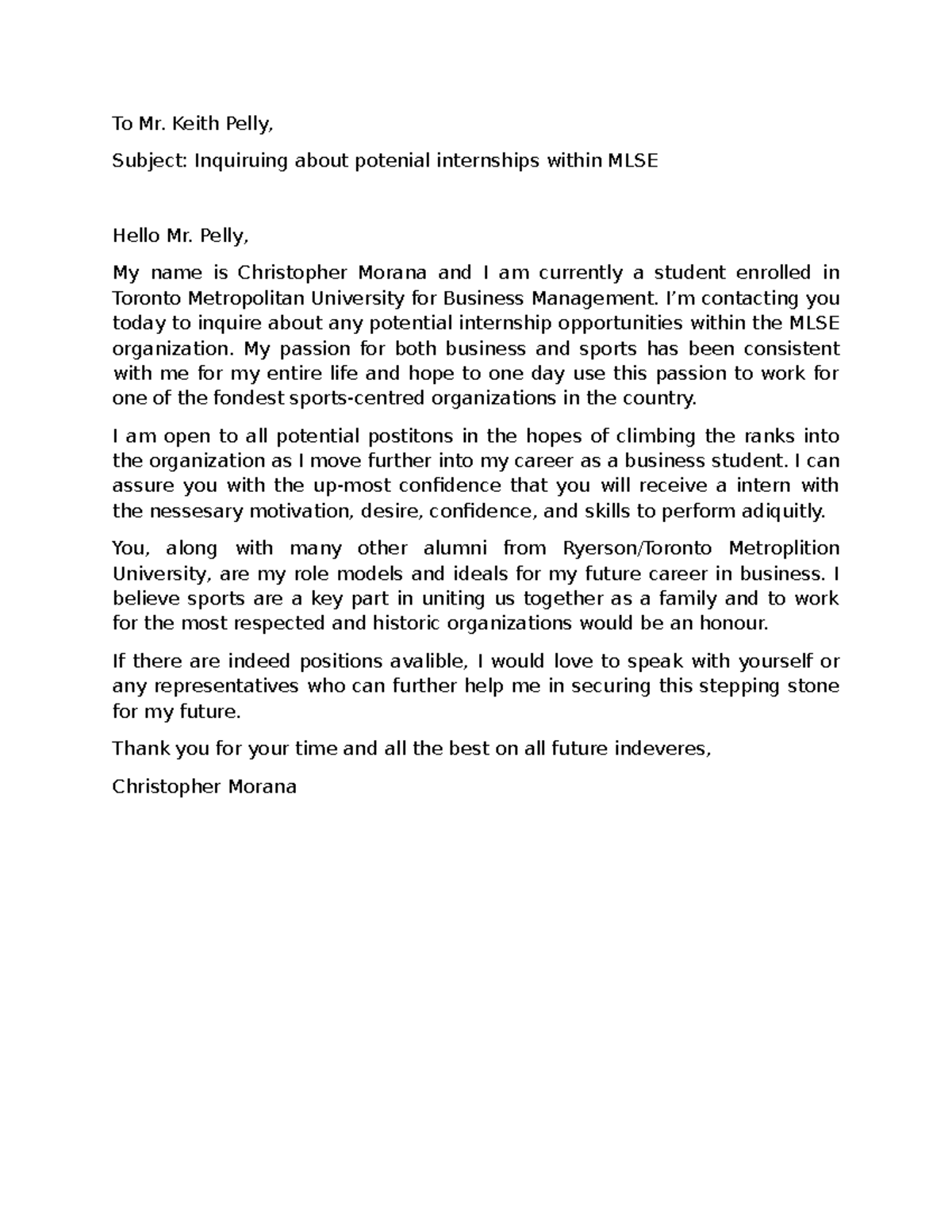 Inquiry about potential internships at MLSE - ENT 101 Email Assignment ...