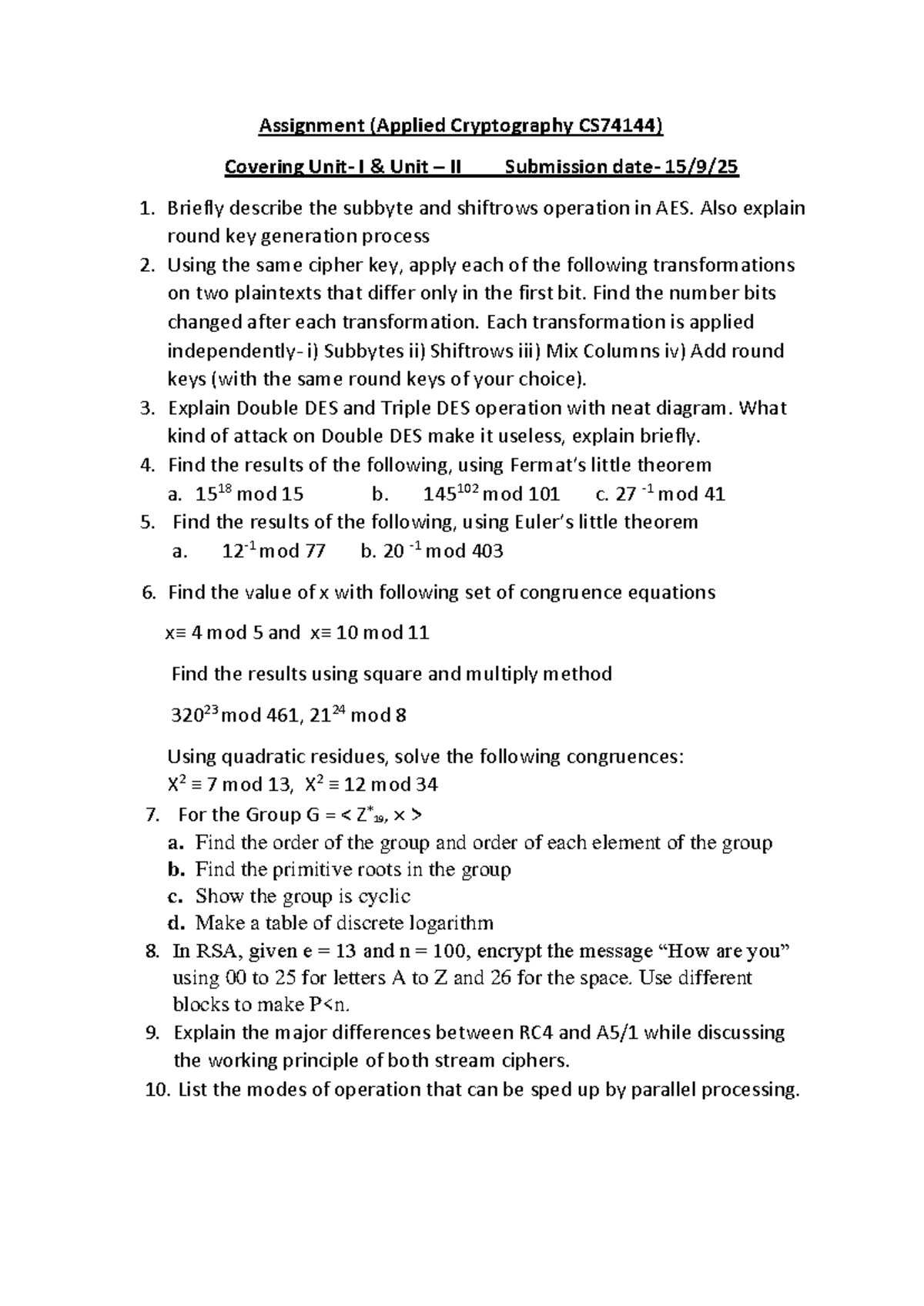 Assignment (Applied Cryptography CS74144) - Unit II Overview - Studocu