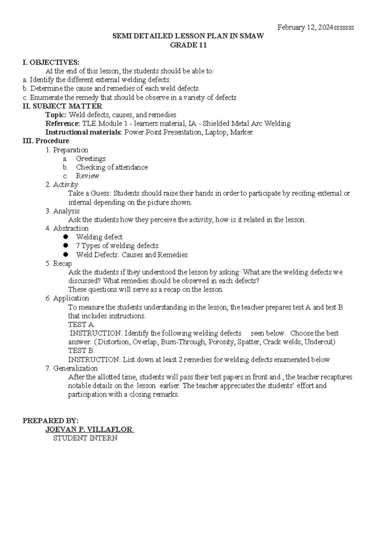 SEMI Detailed Lesson Plan on Welding Defects - SMAW for Grade 11 - Studocu