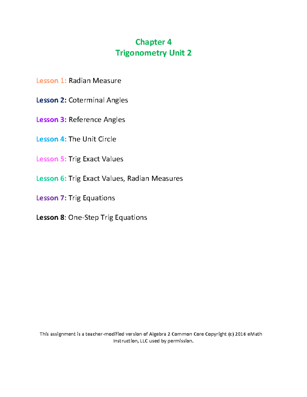 Chapter 4 - Trigonometry Unit 2: Radian Measures & Coterminal Angles ...
