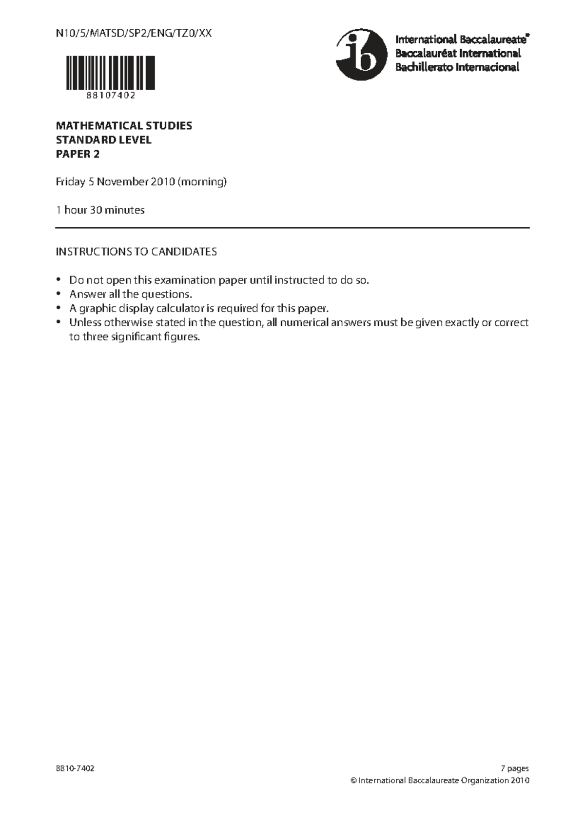 88107402 Mathematical Studies SL Paper 2 Exam - Nov 5, 2010 - Studocu