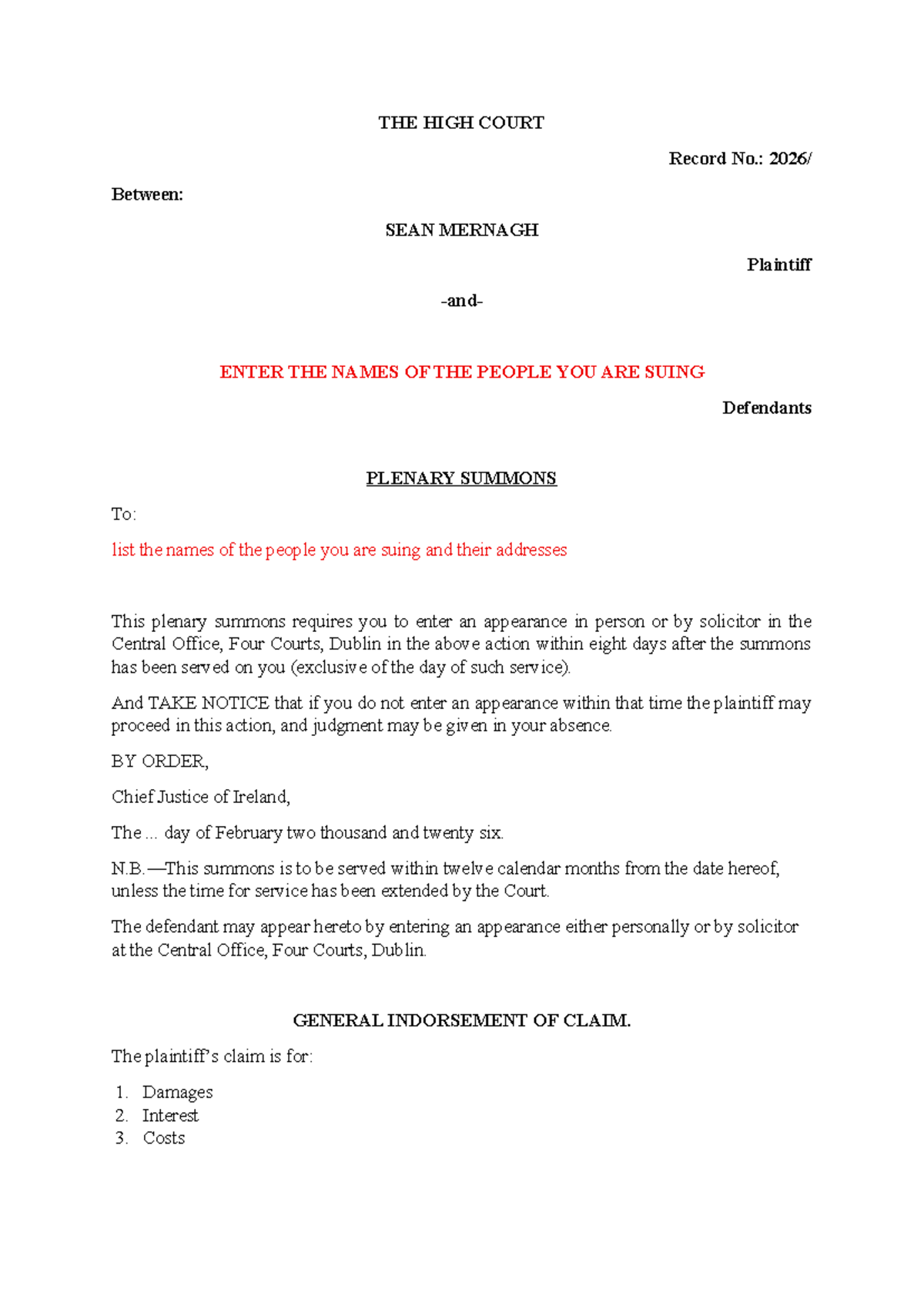 Plenary Summons Sample - High Court Record No. 2026 - Studocu