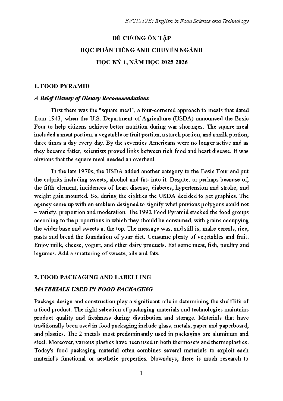 EVS1212E: English in Food Science & Technology - Study Guide for Exam ...