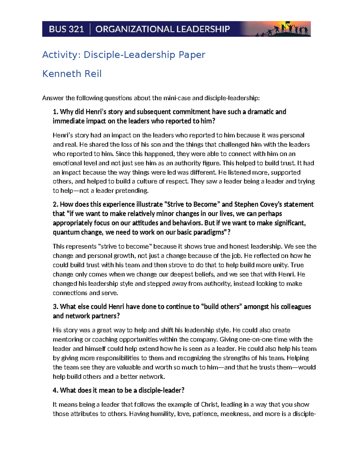 W01 Paper: Exploring Disciple Leadership and Its Impact - Studocu